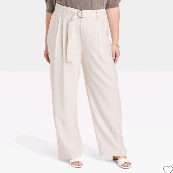 a new day Pants - A New Day Cream High-Rise Relaxed Fit Straight Belted Trousers